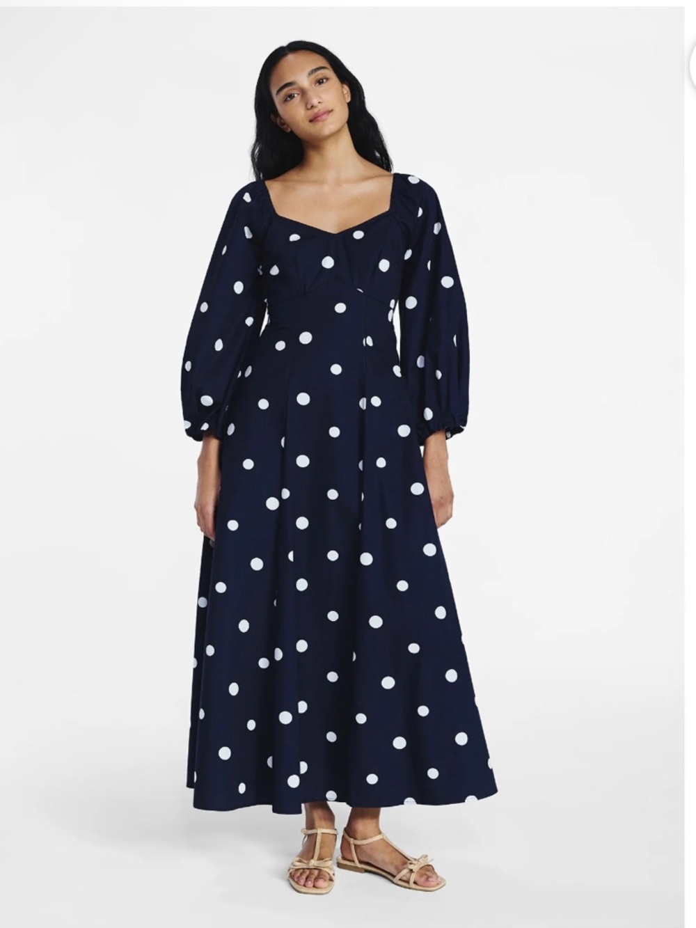 Polka Dot Navy Maxi Dress with Sweetheart Neckline